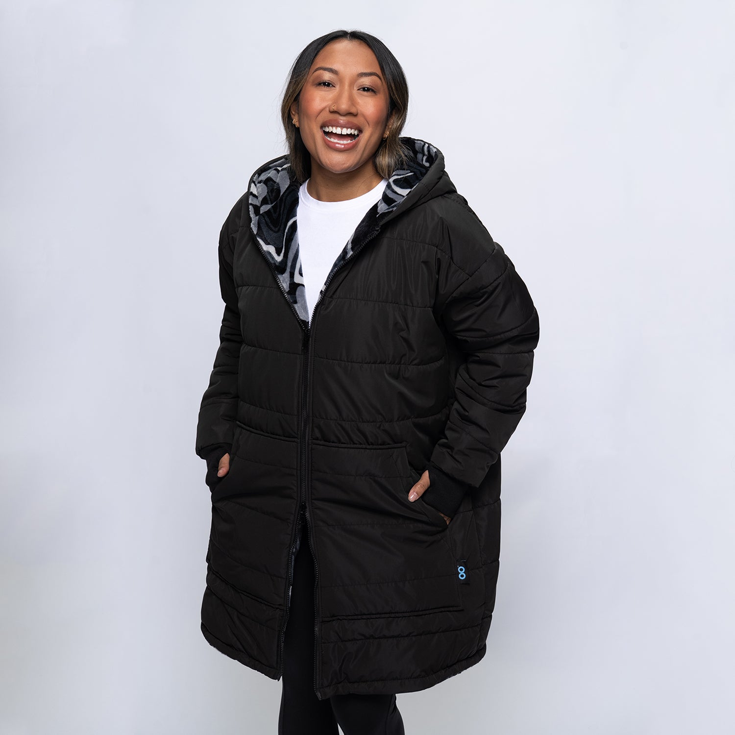 Black/Charcoal Swirl Print Long Puffer Jacket – The Oodie UK