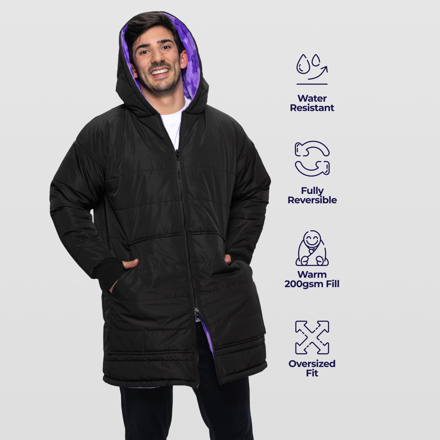 Black/Lilac Checker Print Long Puffer Jacket – The Oodie UK