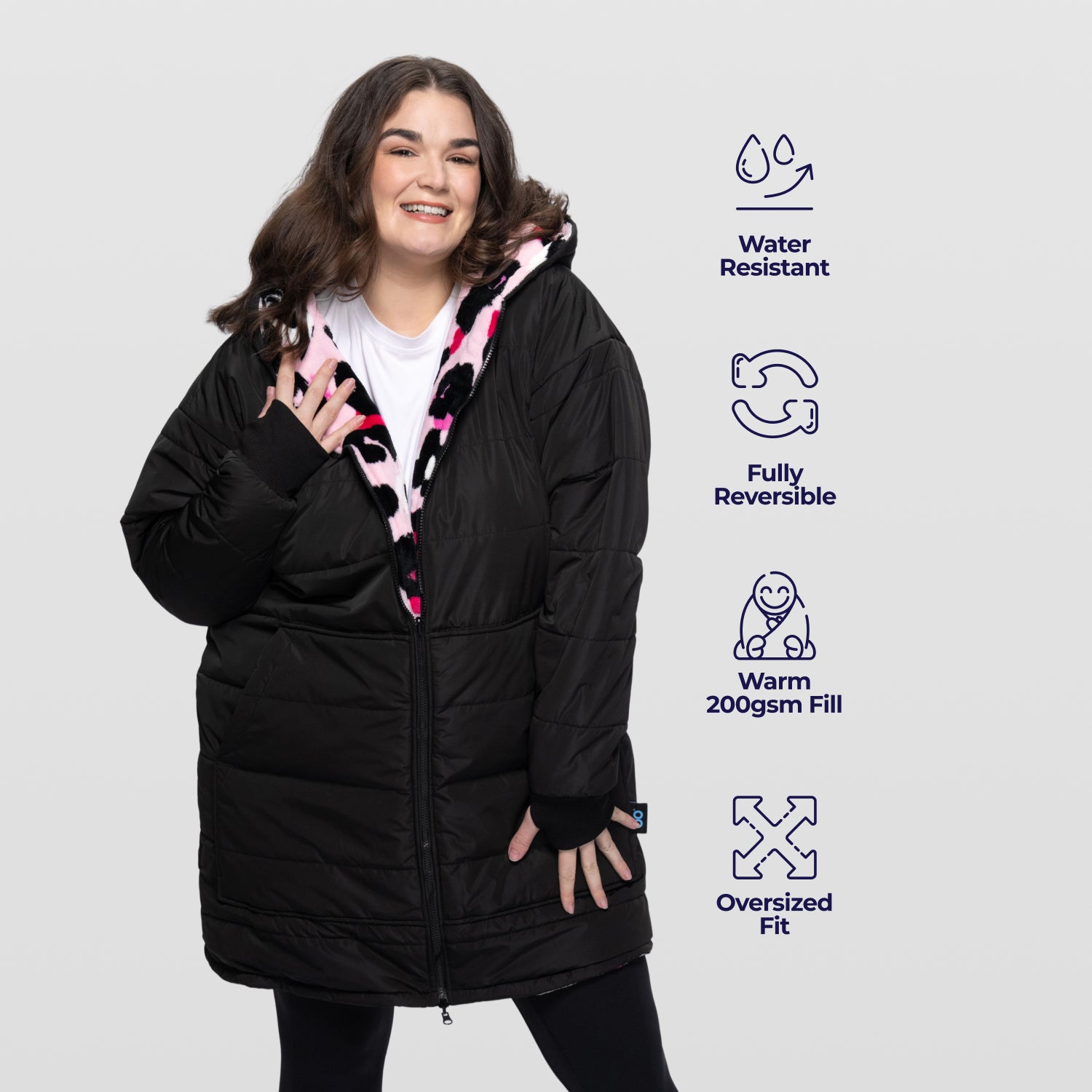 Black/Pink Leopard Print Long Puffer Jacket – The Oodie UK