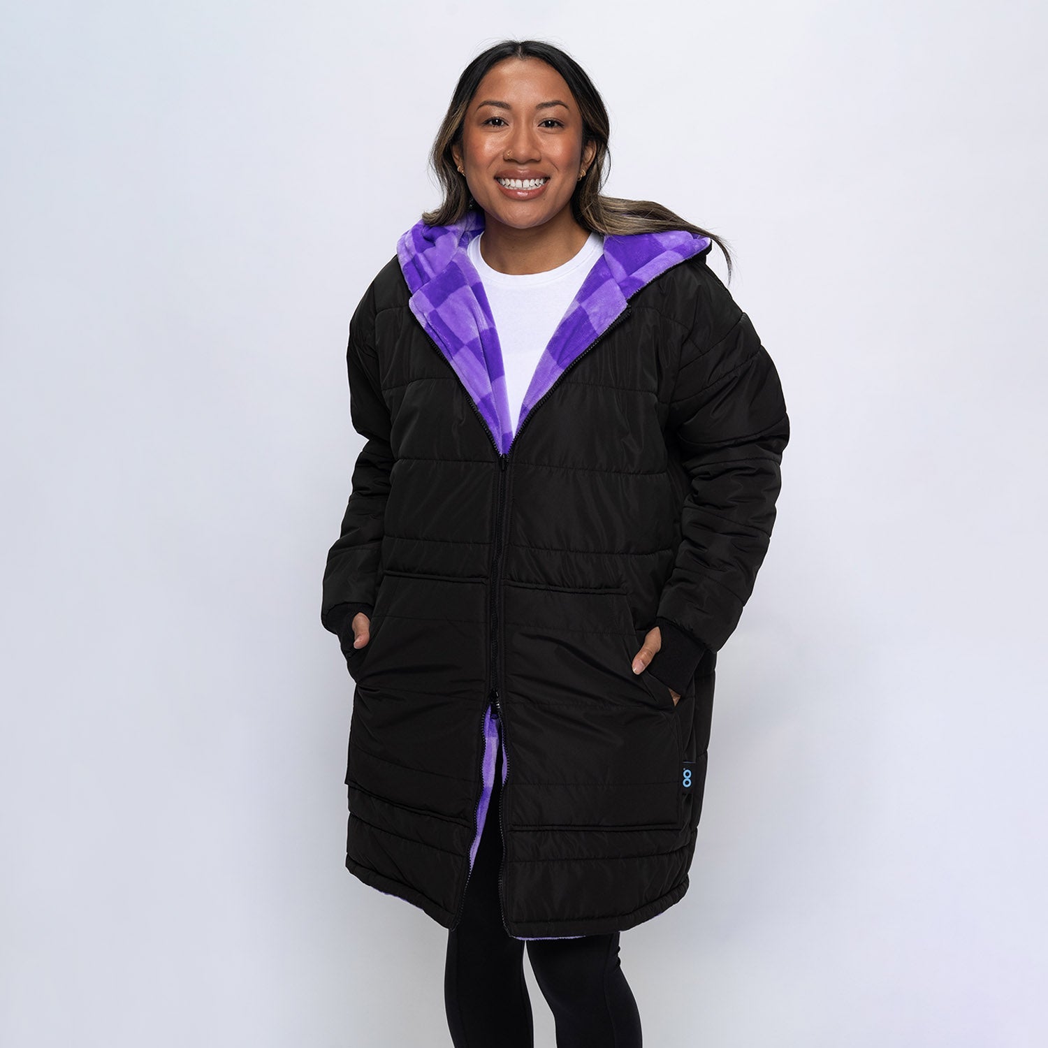 Black/Lilac Checker Print Long Puffer Jacket – The Oodie UK