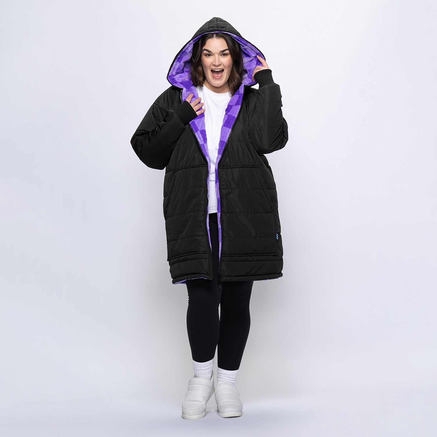 Black/Lilac Checker Print Long Puffer Jacket – The Oodie UK