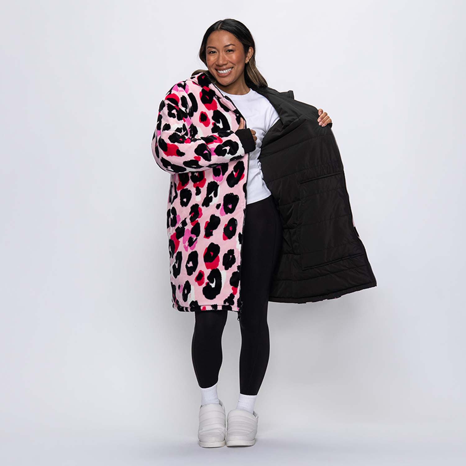Black/Pink Leopard Long Puffer Jacket | The Oodie™ – The Oodie UK