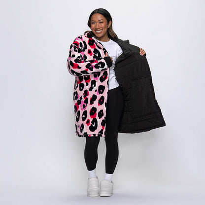 Black/Pink Leopard Print Long Puffer Jacket – The Oodie UK