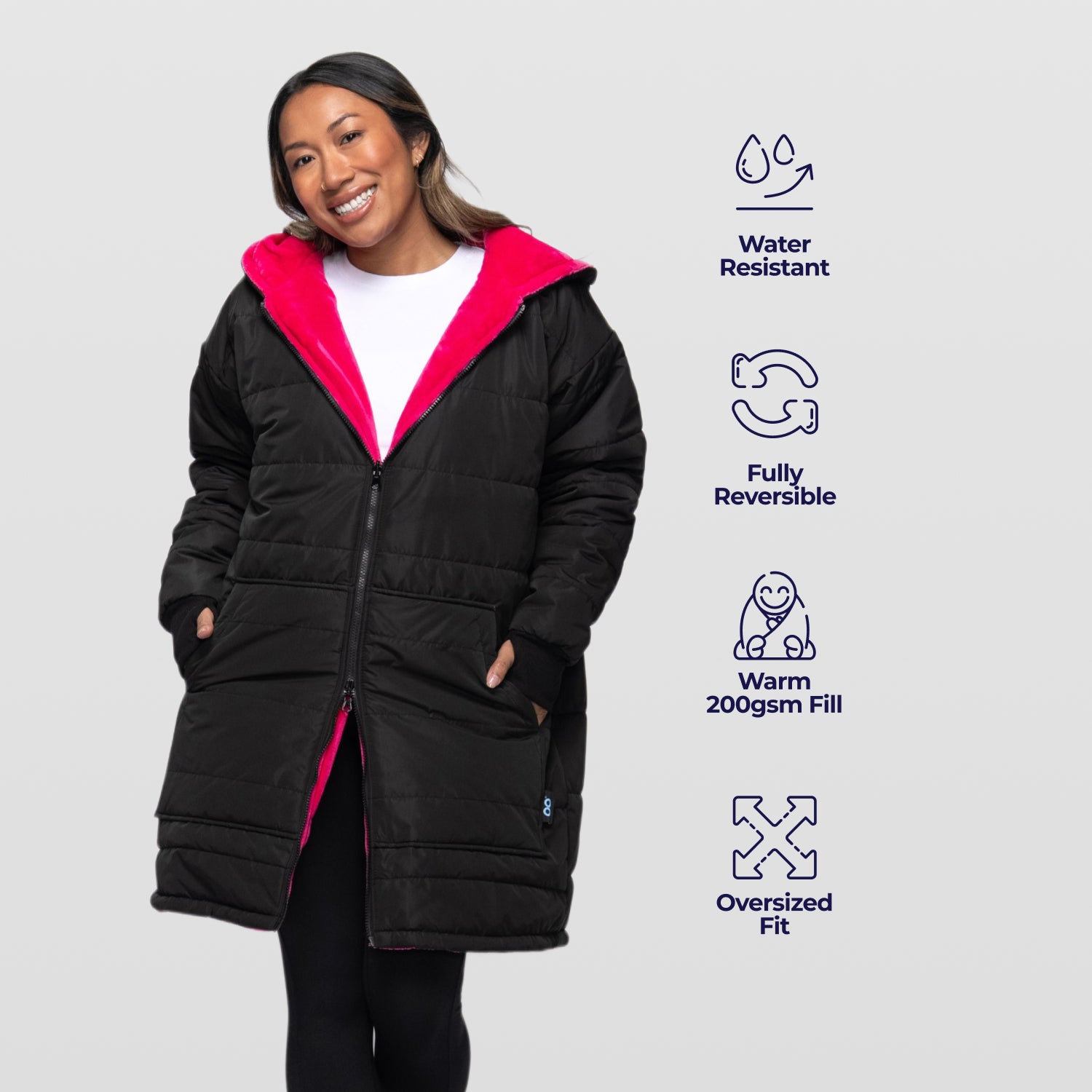 Black/Bright Pink Long Puffer Jacket – The Oodie UK