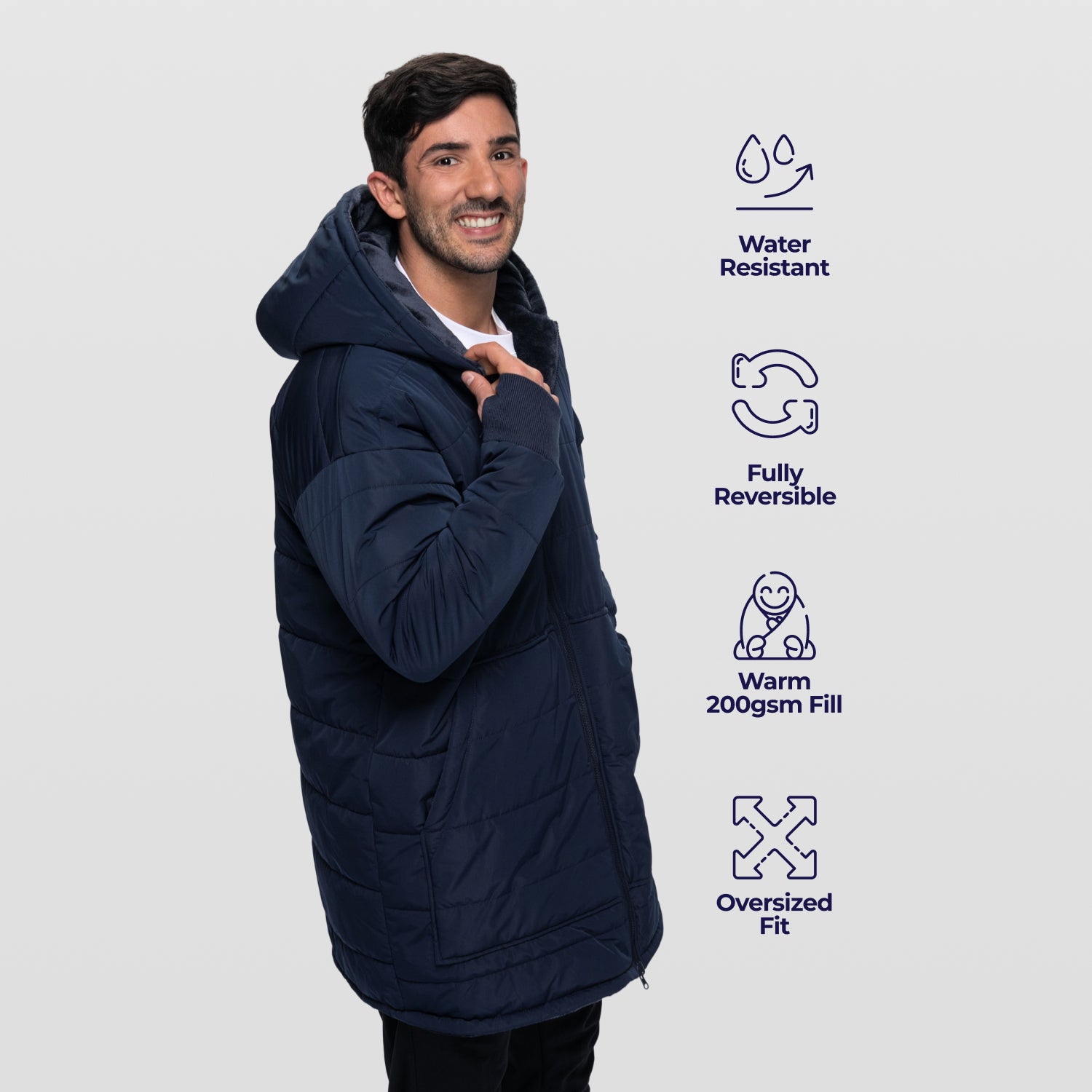 Navy Zip Long Puffer Jacket – The Oodie UK